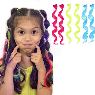 Neon clip-in hair extensions in curls - neon pink, neon yellow green, neon aqua blue