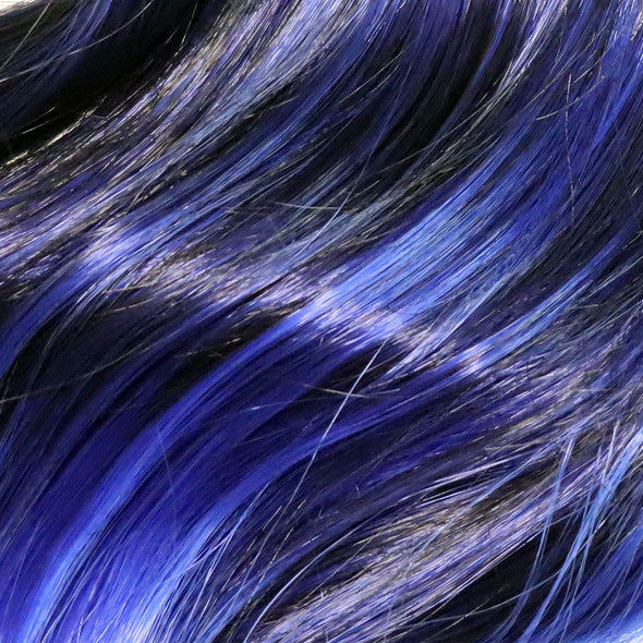 Close up detail of dark blue and royal blue ombre synthetic hair extension