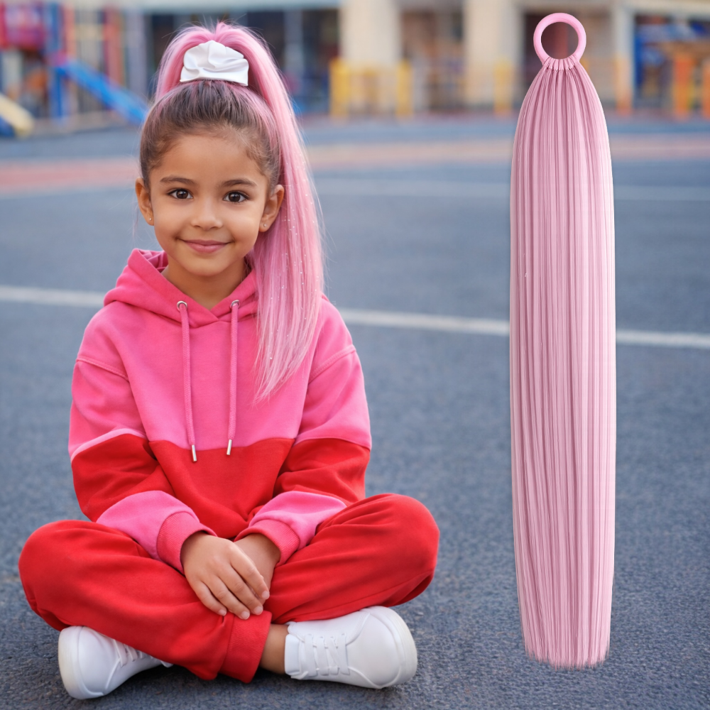 Child wearing a pink and red outfit with a long pink hair extension on a playground.