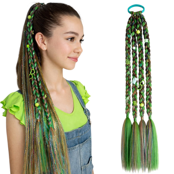 Girl with colorful braided hair extensions on a white background