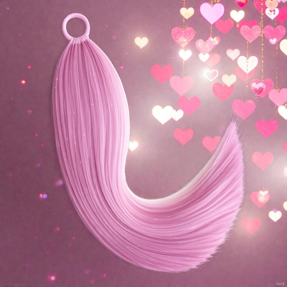 Pink hair extensions with a heart-themed background