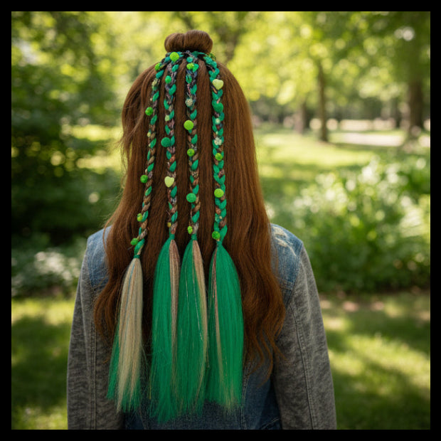Two side-by-side images of a person with braided hair featuring green and white colors, set against a natural background.