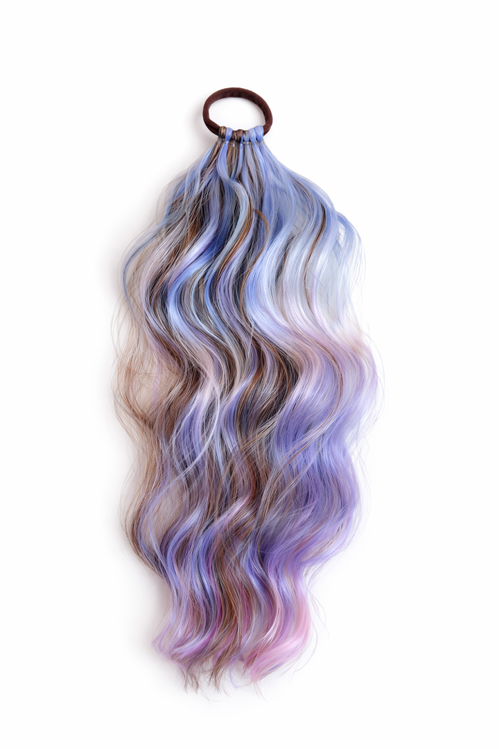 Multicolored hair extension with wavy texture on a white background