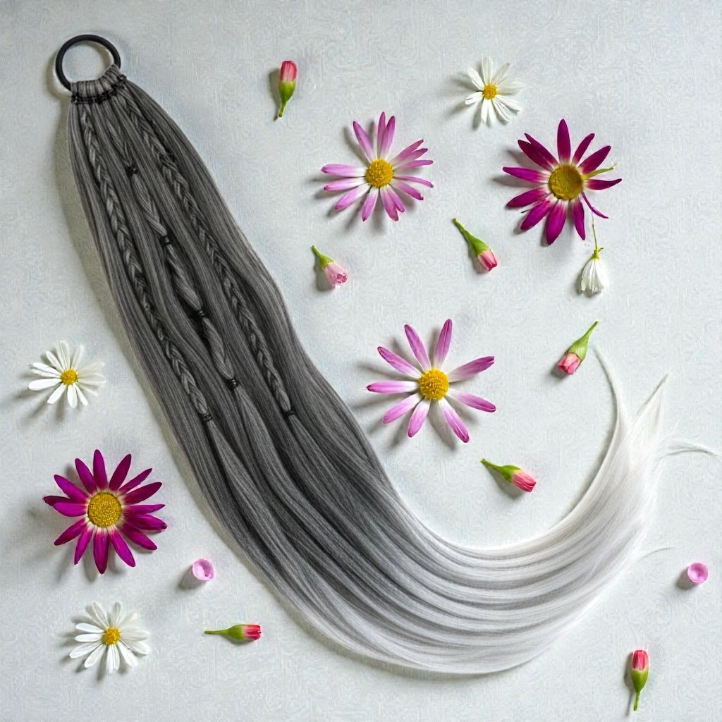 Gray and white hair extensions with flowers on a light gray background