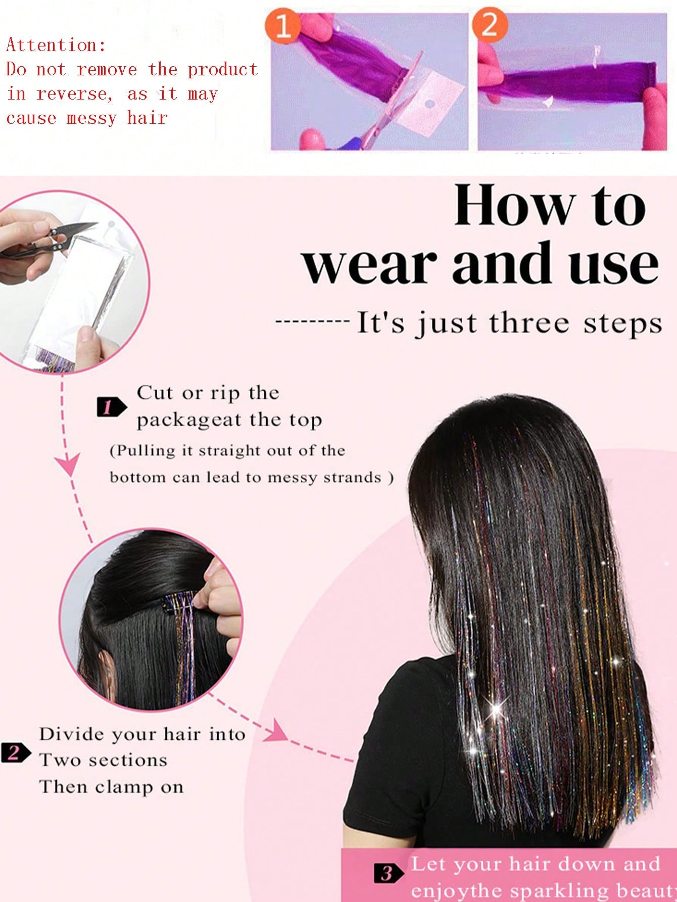 Alayna Tinsel Clip-In Hair Extensions – 3-Pack, Synthetic, Straight