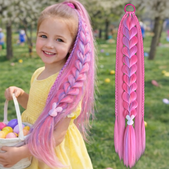 A child wearing a pink and lavender ponytail with a bunny and embellishment for Christmas and Easter