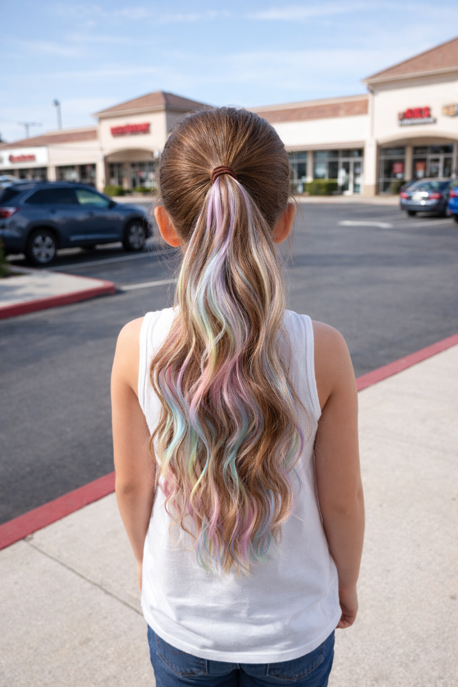 Person with pastel-colored hair standing in a parking lot