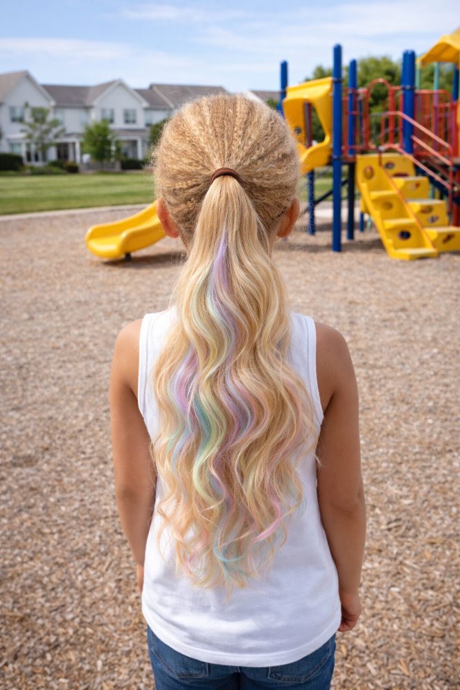 Person with pastel-colored hair standing on a playground
