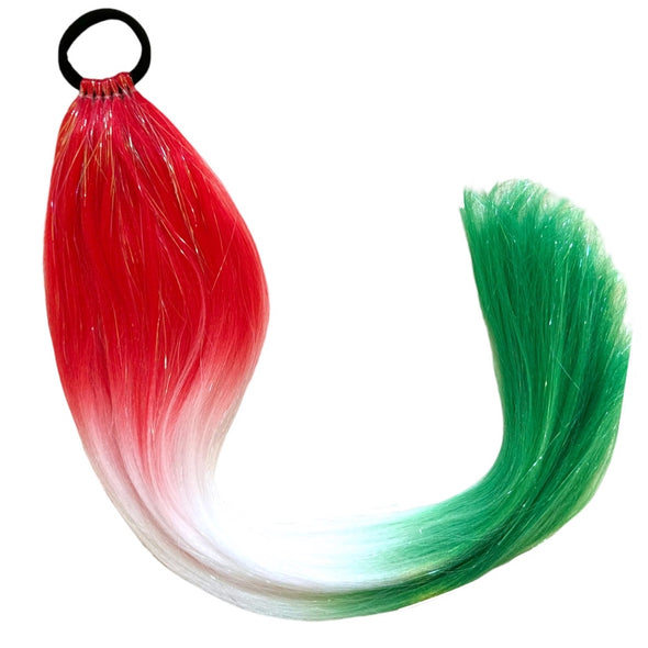 Red white and green sparkly ponytail extensions