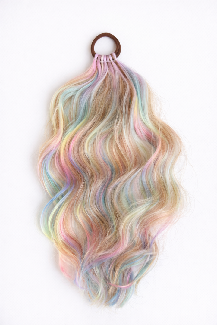 Pastel-colored hair extension on a white background