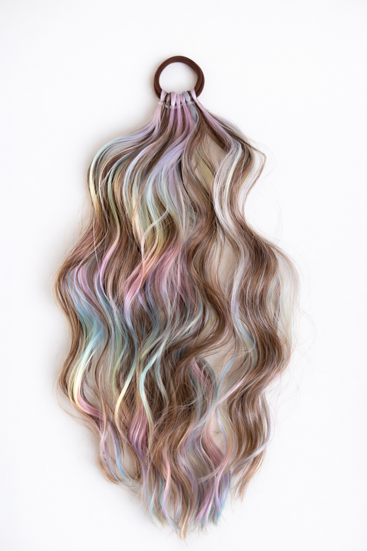 Brunette and rainbow ponytail hair extension