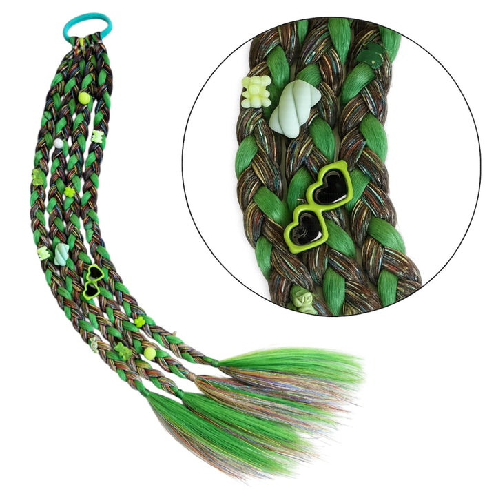 Braided hair extensions with green and brown colors on a white background