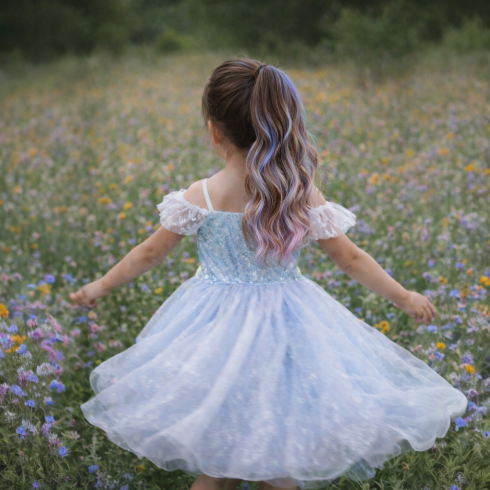 Woman in a light blue dress with pastel hair standing in a field of wildflowers.