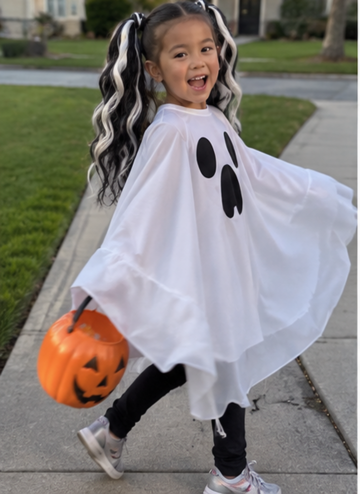 A young girl with black and white pigtails is wearing a white ghost costume with black printed eyes and mouth, walking on a suburban sidewalk and holding an orange jack-o'-lantern bucket.