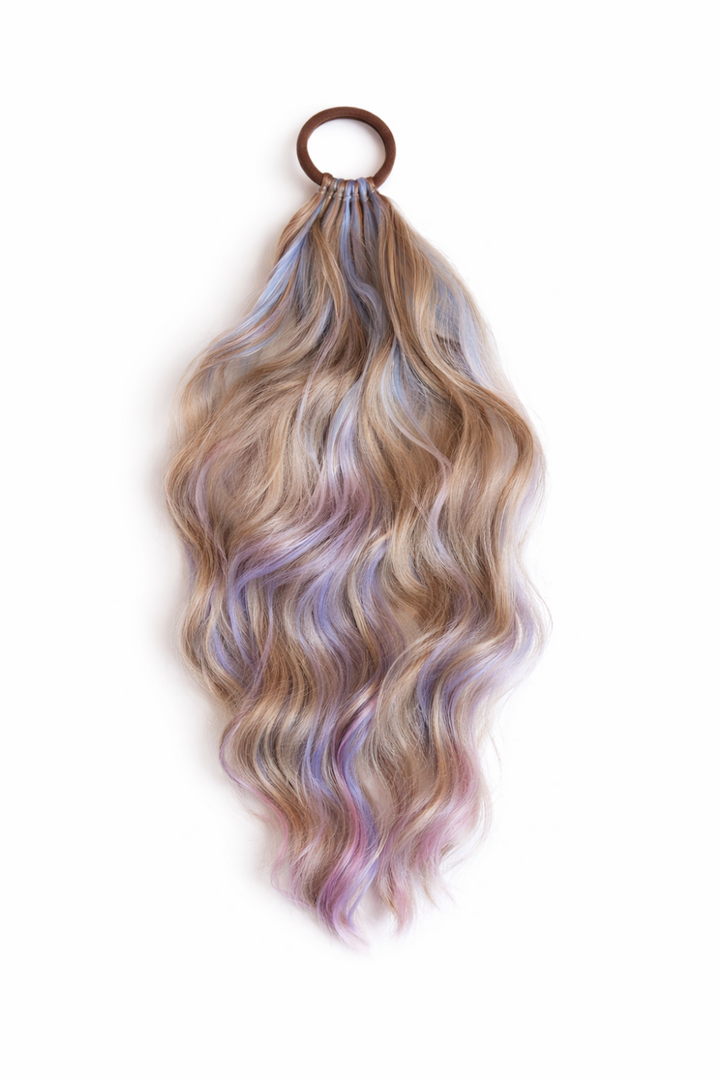 Hair extension with wavy strands in blonde and purple on a white background