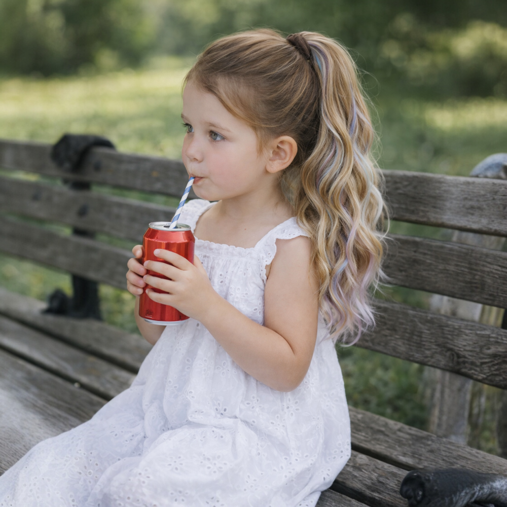 Young girl in a white dress sitting on a wooden bench, drinking from a red cup with a straw.