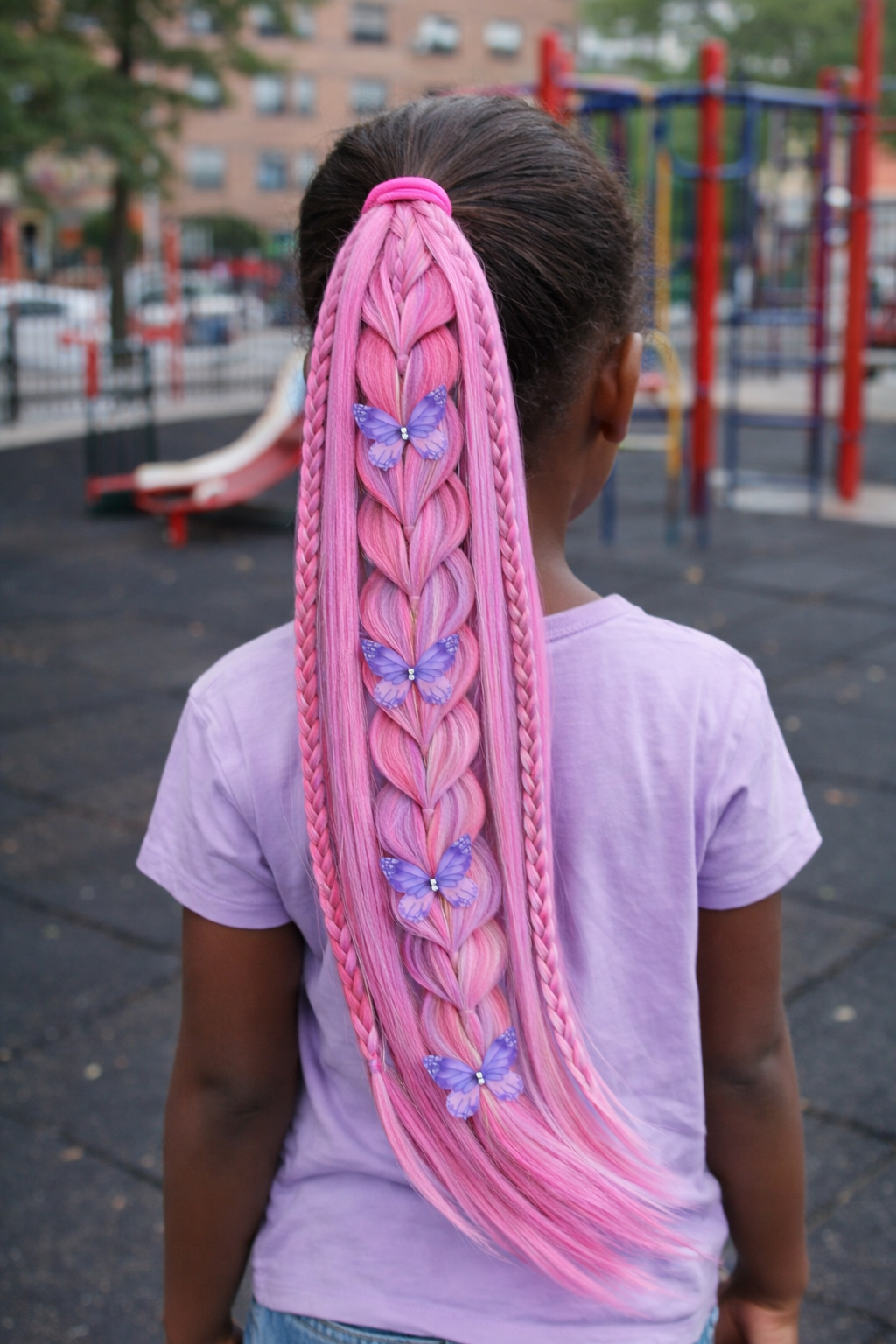 Pink Butterfly Long Braided Ponytail
