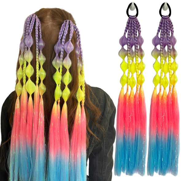 set of two neon rainbow colored braided ponytail extensions 