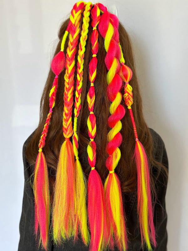 Neon pink and yellow braids to match Barb roller blading outfit leotard
