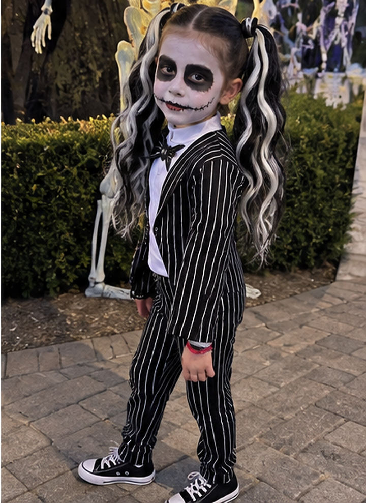 A young child wearing a gothic pinstripe suit costume with a white shirt, black bow tie, and black-and-white pigtails, standing outdoors on a paved walkway with Halloween decorations in the background.