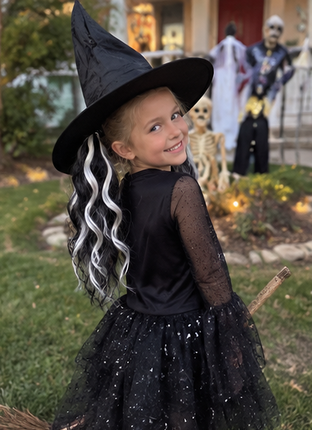 A young girl wearing a black witch costume with a pointed black hat, long black dress with sheer sleeves, and a sparkly black tulle skirt, posing outdoors on a lawn with Halloween decorations in the background.