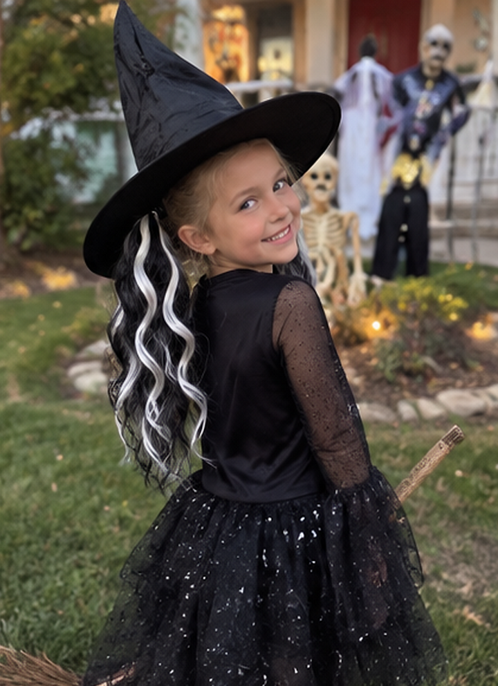 A young girl wearing a black witch costume with a pointed black hat, long black dress with sheer sleeves, and a sparkly black tulle skirt, posing outdoors on a lawn with Halloween decorations in the background.