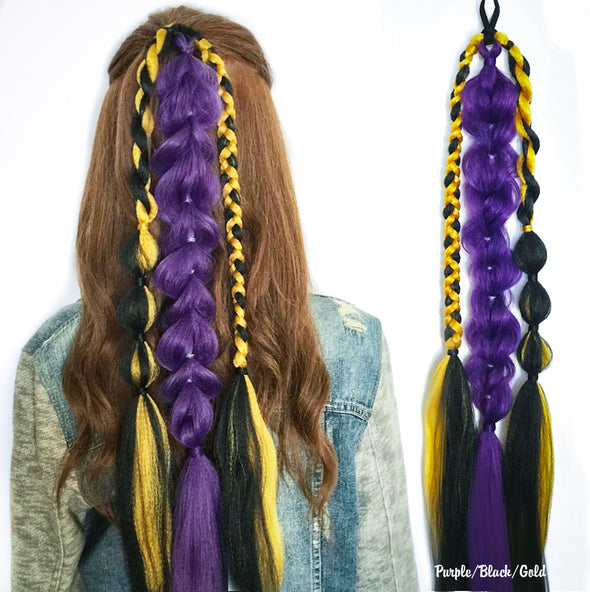 New Orleans Saints colors team colors braided ponytail in purple gold and black