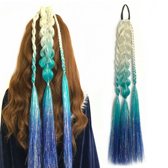 Braided Icicle Shimmer Tail in whute, blue and aqua hair extension ponytail