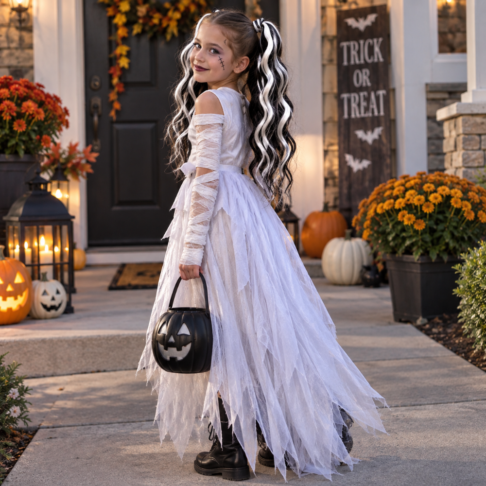 A young girl wearing a Halloween costume stands on a front porch. The costume is a white off-the-shoulder dress with long lace-up sleeves and a layered tulle skirt, paired with black boots.
