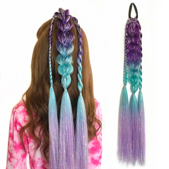 Braided Galaxy Shimmer Tail in shades of purple, aqua and lavender with sparkly silver iridescent tinsel