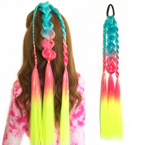 Braided Sour Patch Shimmer Tail festival ponytail in teal, pink and neon yellow with iridescent tinsel