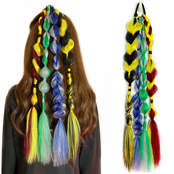Harry Potter braided ponytail in Hogwarts Houses colors hair extensions for kids
