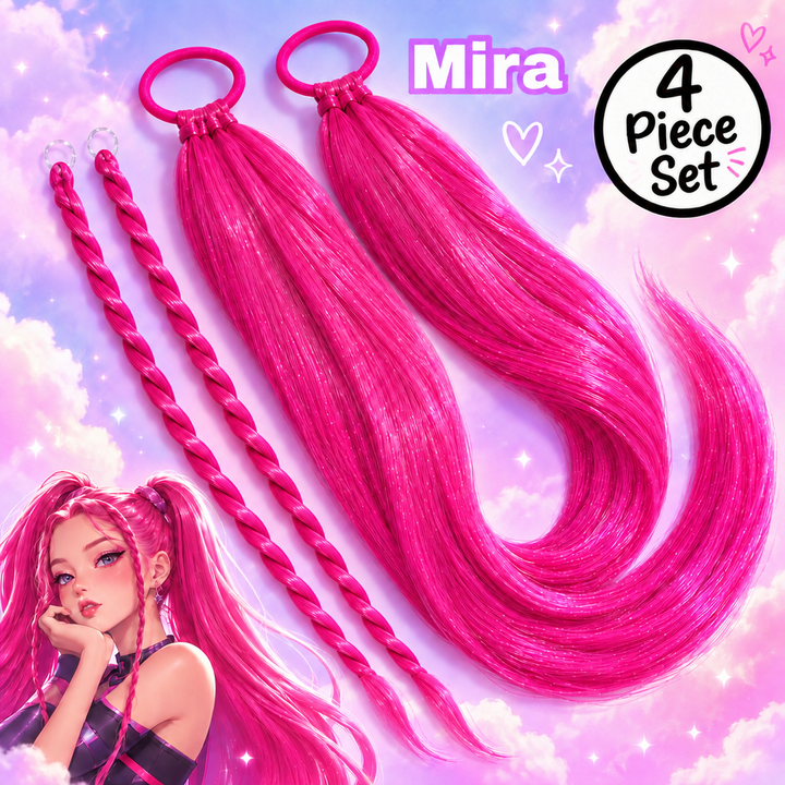 Two bright pink synthetic hair extensions with three braided strands, labeled 'Mira' and '2 Pack', shown against a pastel cloud background with a stylized anime-style model in the corner.