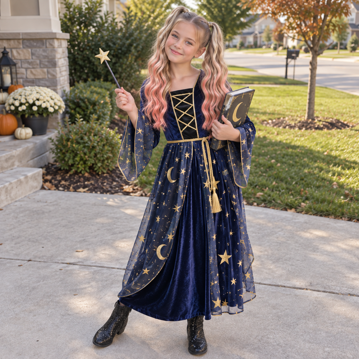 A young girl with blonde-highlighted pigtails stands on a suburban sidewalk wearing a navy blue and gold fairy tale costume dress, holding a star wand and a book.