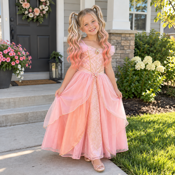 A young girl with blonde pigtails stands on a front porch wearing a pink princess-style dress with gold trim and a layered tulle skirt. The background shows a house exterior with flowers, greenery, and a lawn.