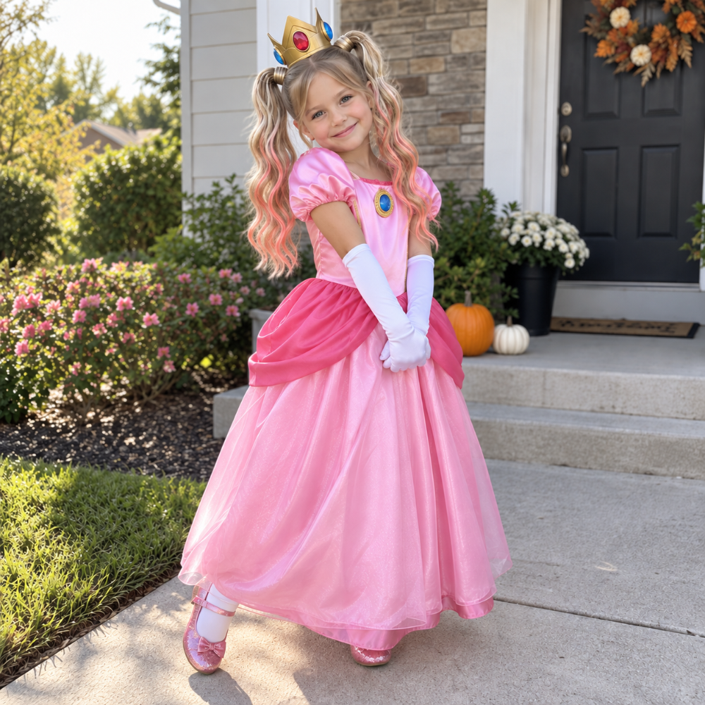 A young girl wearing a pink princess costume with a gold crown and white gloves, posing on the front steps of a house.