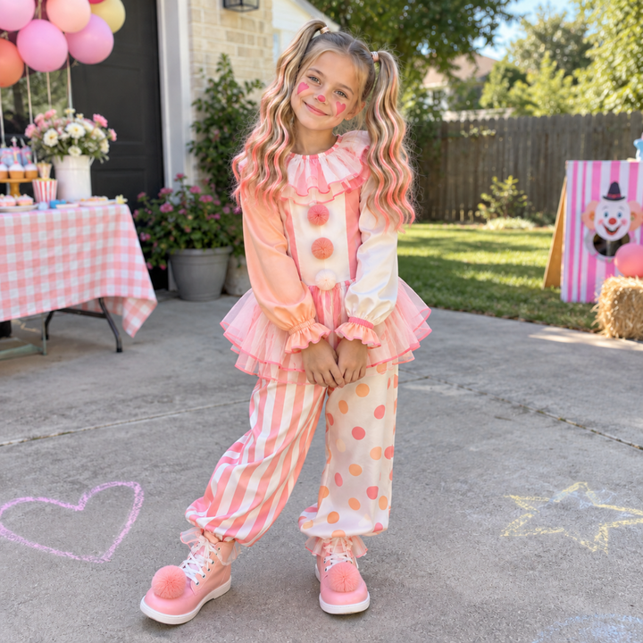 A young girl with blonde pigtails stands on a backyard patio wearing a pink and white clown costume with striped pants, polka-dot pants, and pink shoes. The background shows a house, lawn, and party decorations.