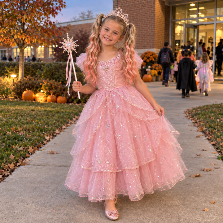 A young girl with blonde hair in a tiara and pigtails stands on a school walkway wearing a sparkly pink princess dress and holding a star wand.
