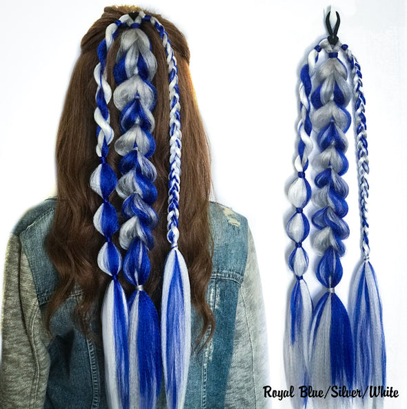 Dallas Cowboys Team Colors Braided Ponytail in royal blue, silver and white