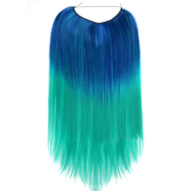 Product shot of teal blue to aqua straight Magic Mane halo hair extension against a white background