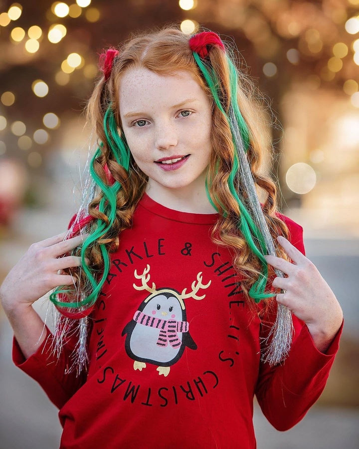 Holiday hair extensions in red and green with silver hair tinsel