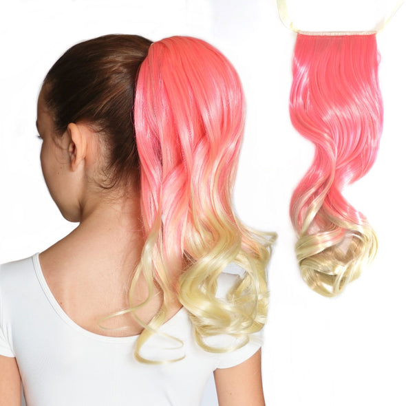 Cupcake bright pink to blonde ombre curly synthetic hair extensions for ponytails