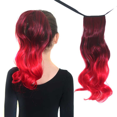 Dark red to red ombre ponytail hair extensions for kids. 