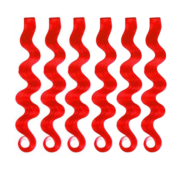 Set of 6 clip-in hair extensions in bright berry red curly and silky