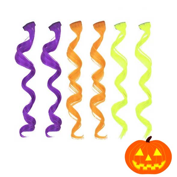 Halloween curl clip-in hair extensions in orange, purple and neon yellow green