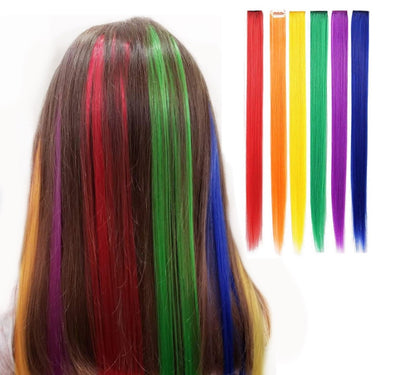 rainbow colored clip in hair extensions straight synthetic hair red, orange, yellow, green, blue, purple