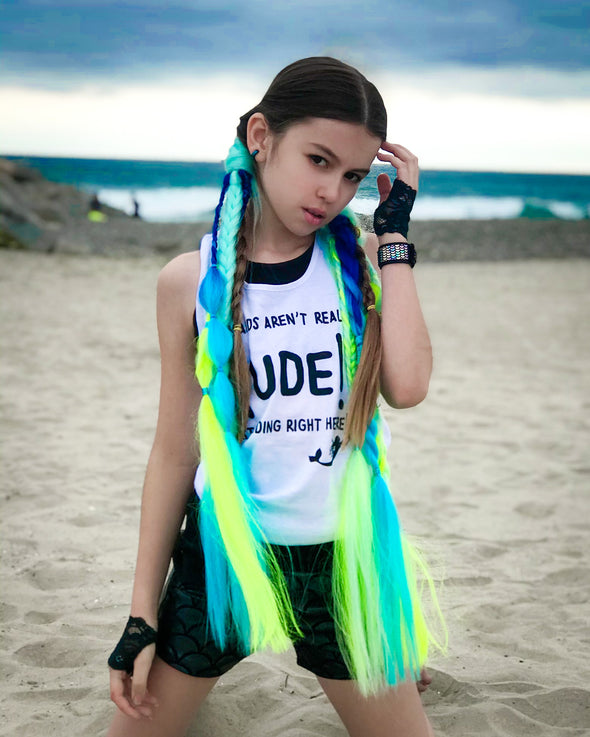model wearing mermaid stule clip-in braids in teals, sea green and bright blue