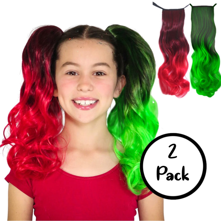 red and green 2-pack ponytail extensions for holidays christmas colors hair extensions