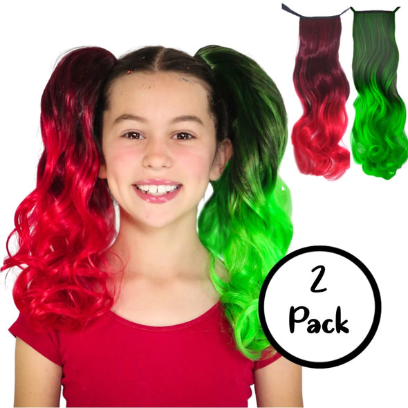 red and green 2-pack ponytail extensions for holidays christmas colors hair extensions
