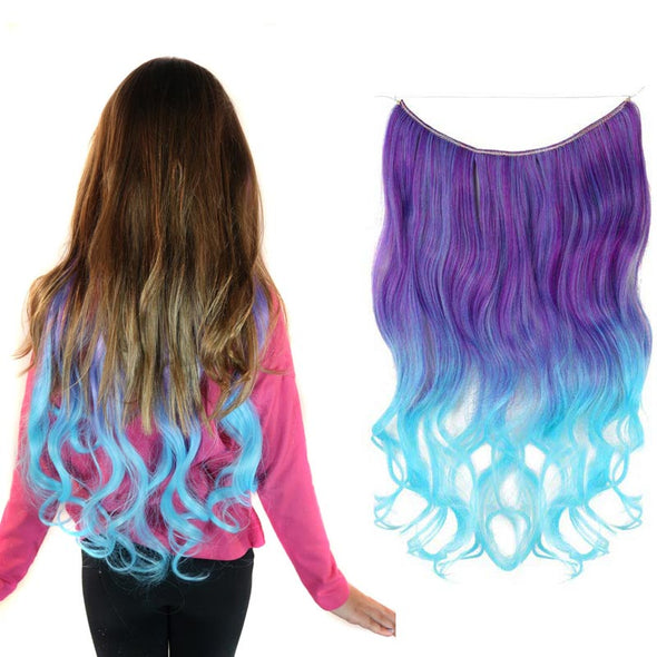 Jellybean Magic Mane in purple, lavender, aqua ombre halo hair extension worn by a young model next to the product on a white background
